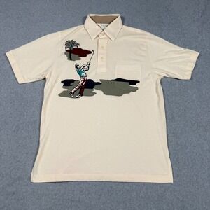 Vintage 80s Palmland Club Mens Cream Golfer Graphic Polo Shirt Size M Dadcore